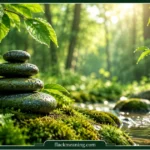 Green Colour Spiritual Meaning: Symbolism, Healing & Significance Explained Green forest scene with dew-covered leaves, moss, balanced stones, and sunlight over a peaceful stream